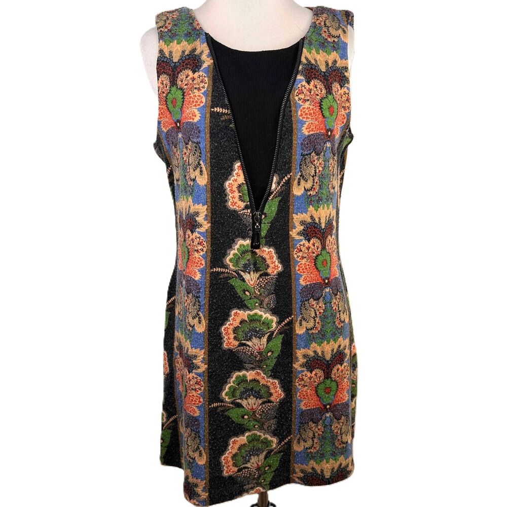 Aryeh Women's Black Sleeveless Floral Zipper Tunic Sweater Dress Size Medium